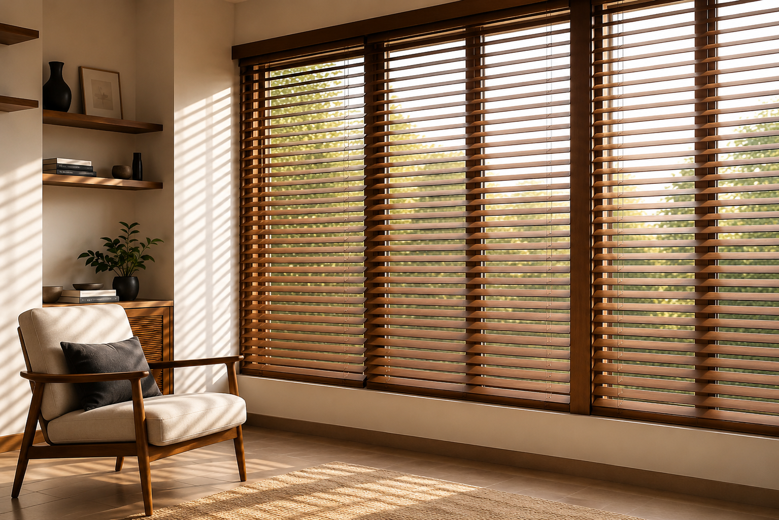 Premium wooden venetian blinds modern living room Pune
